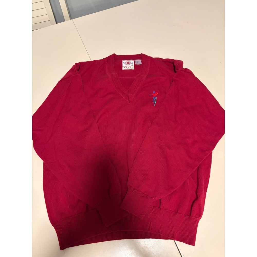 Cotton Traders Sport Mens Red V-Neck Cotton Knit Golfer Logo Sweater Large